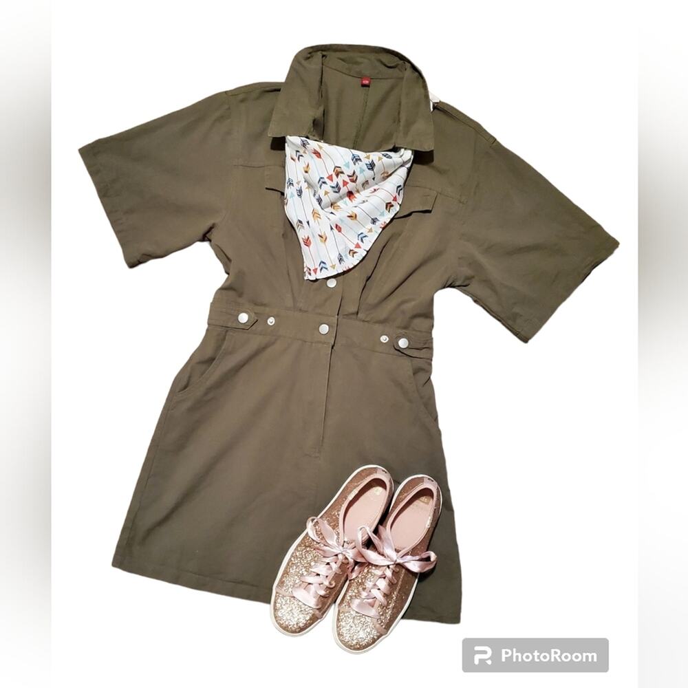 Woman's olive utility mini dress Short Sleeves Adjustable waist sz. XL